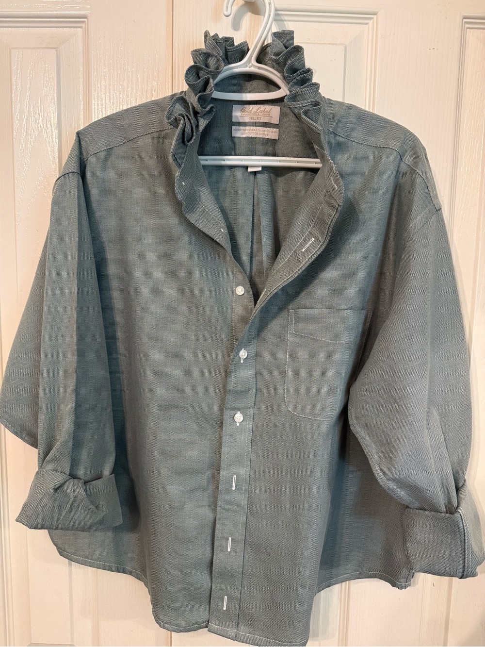 Woman’s Ruffled Collar Button-Down Shirt in Sage Green